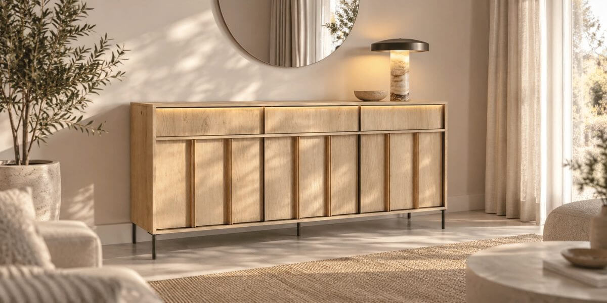 Moderní dubová komoda s vertikálními lamelami a jemným LED podsvícením pod horní deskou. Nábytek stojí na tenkých černých nohách v prosvětleném interiéru ve stylu Japandi vedle olivovníku v květináči.