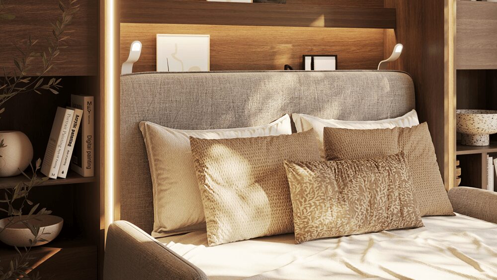 Výklopná postel Bed Concept sklopená v knihovnové stěně