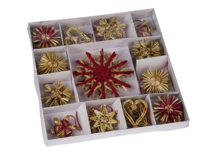 Ozdoby ze slámy, přírodní/červená, box 26x26x3cm, box 40ks