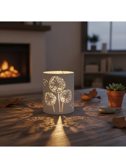 Kovový svícen s motivem pampelišky.