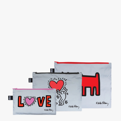 Taštičky na zip 3 ks LOQI KEITH HARING Dog, Heart, Love Reflective