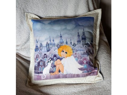 Andělka a kočička - polštář 50 x 50 cm bavlna