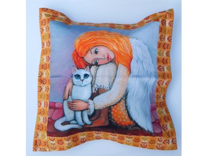 Andělka s bílou kočičkou - polštář 50 x 50 cm bavlna