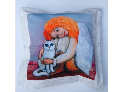 Andělka s bílou kočičkou - polštář 50 x 50 cm bavlna