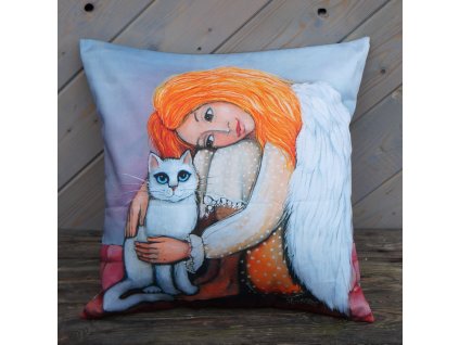 Andělka a bílá kočička - polštář bavlna satén