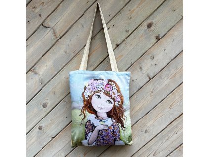 Plátěná nákupka -Holčička kytičky a ptáček
