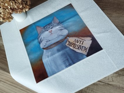 Jarní středový ubrus Kočka jako lék  64 x 64 cm