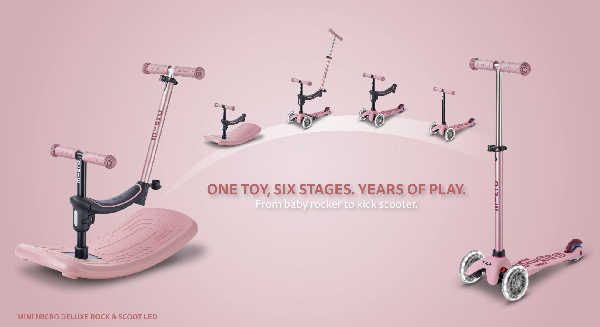 Micro - Mini Deluxe Rock & Go LED Rose - koloběžka 6v1