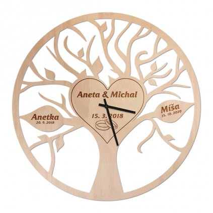 Dřevěné hodiny - svatební rodinný strom života
