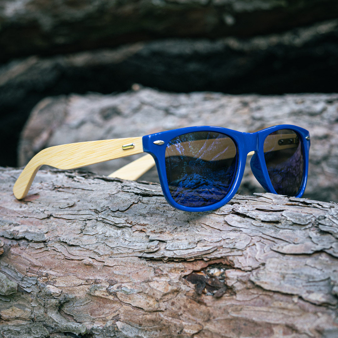 Slnečné okuliare s bambusovými nožičkami - Modrý rámček s modrými sklíčkami (matné)