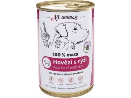 Konzerva pro psy ALL ANIMALS, hovězí s rýží, 400 g
