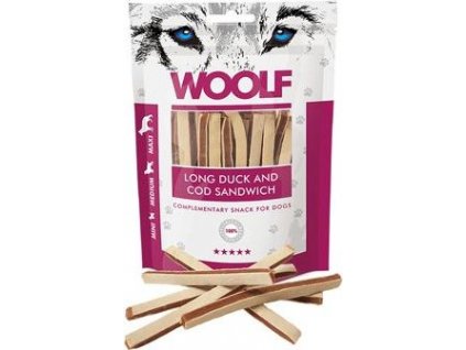 Pamlsky pro psy WOOLF, soft duck and cod sandwich, 100 g