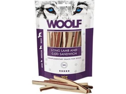Pamlsky pro psy WOOLF soft lamb and cod sandwich, 100 g