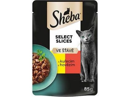 Kapsička pro kočky Sheba, kuřecí + hovězí ve šťávě, 85g