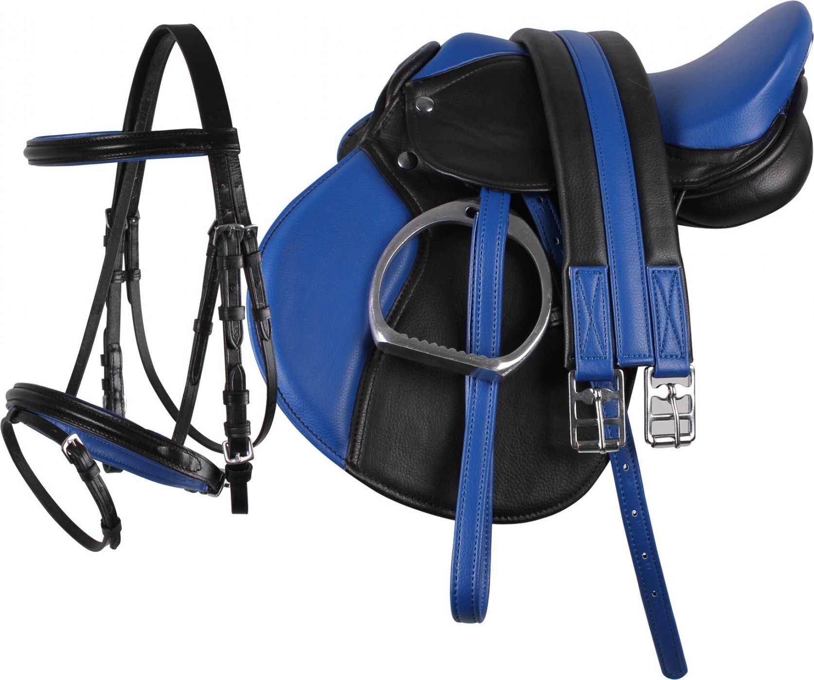QHP Pony set sedlo, uzdečka, podbřišník, třmeny včetně řemenů, QHP, black/blue Velikost posedlí: 13"