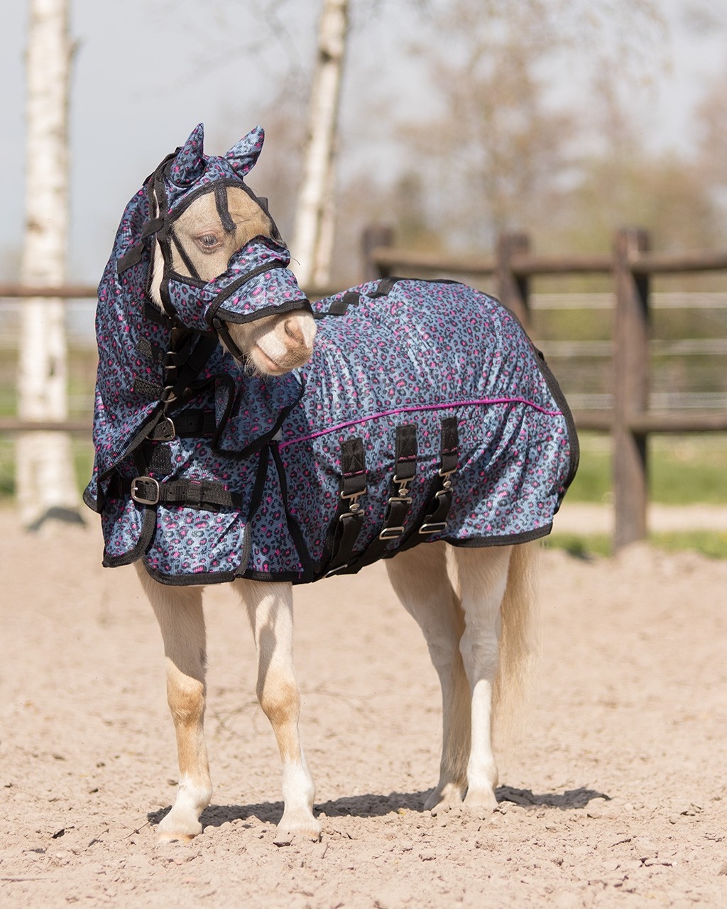 QHP Letní souprava proti hmyzu pro falabelly QHP, s krkem, pink leopard Délka zad: 65cm
