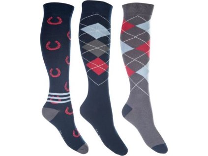 Podkolanówki jeździeckie Cardiff HKM, 3 pary, granatowo-czerwone