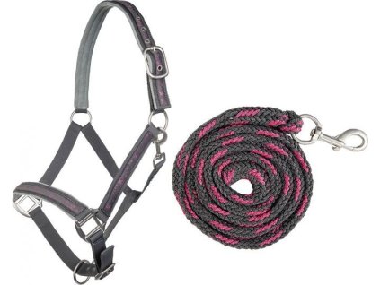 Zestaw kantar i uwiąz HKM, grey/rose