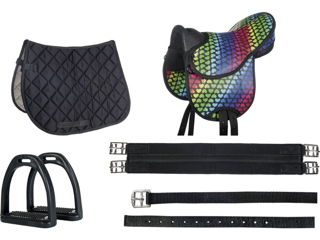 Shetty set sedlo, dečka, podbrušník, strmene, remene Colorful HKM, heart/black