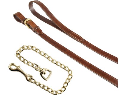 Vodítko s retiazkou Brass Equestro, kožené, FULL, cognac