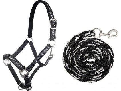 Set ohlávky s vodítkom HKM, black/silver