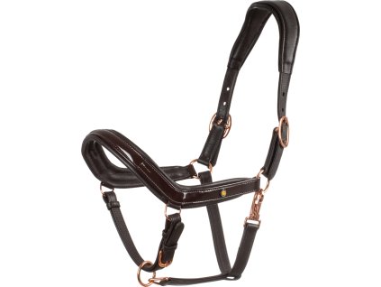 Ohlávka kožená Equestro, anatomická, s rosegold kovaním, tmavohnedá
