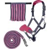 Set ohlávky s vodítkom s panic karabínou a strapcami HKM, grey/pink