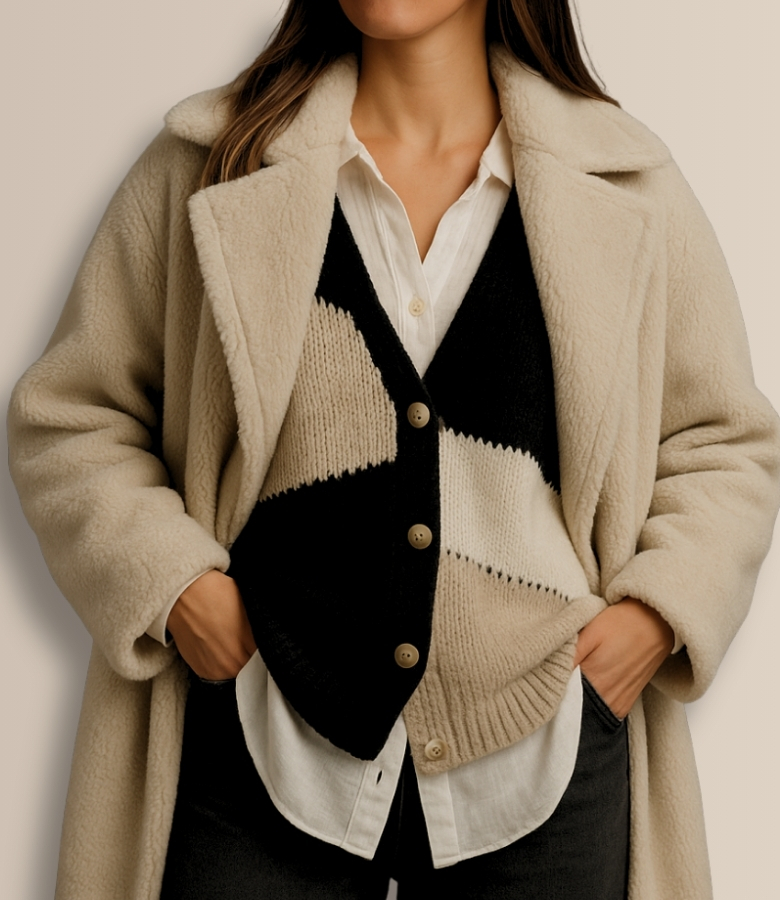 Oversize košile, tenký svetr a kabát – ukázka vrstvení