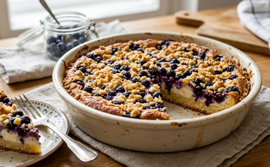 Borůvkový koláč s tvarohem v kulaté formě