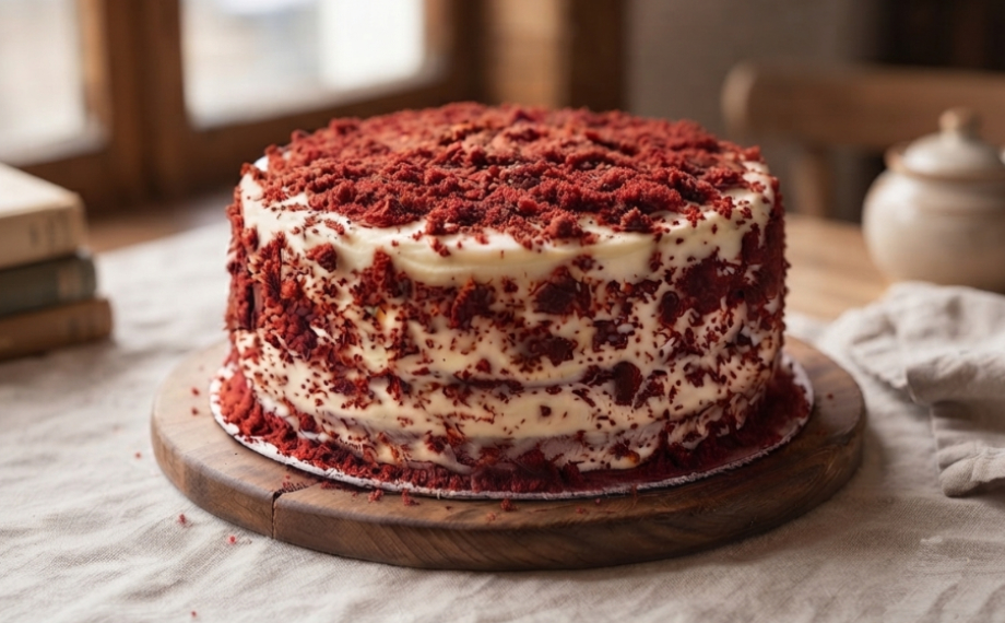 Red velvet dort obalený v červené drobence z korpusu