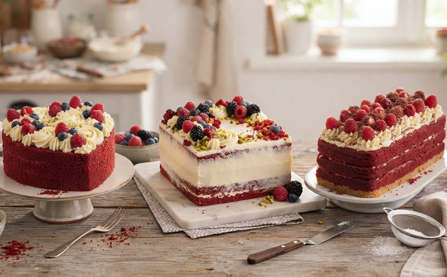 Red velvet dorty v různých tvarech forem