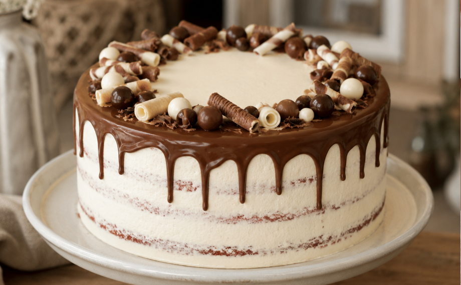 Red velvet dort s čokoládovými dekoracemi