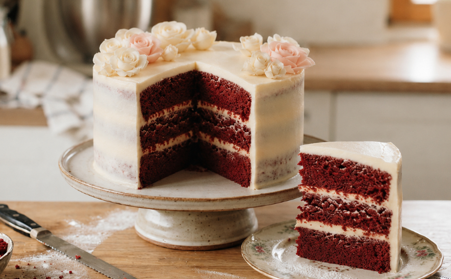 Red velvet dort ozdobený jedlými květy