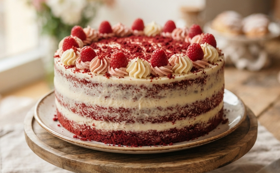 Red velvet dort zdobený malinami