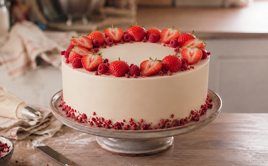 Red velvet dort ozdobený čerstvým ovocem