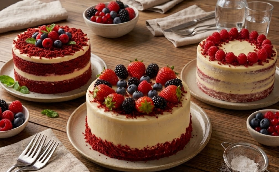 Red velvet dort zdobený ovocem