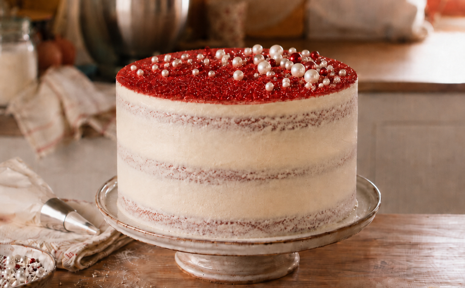 Red velvet dort zdobený perličkami a posypem