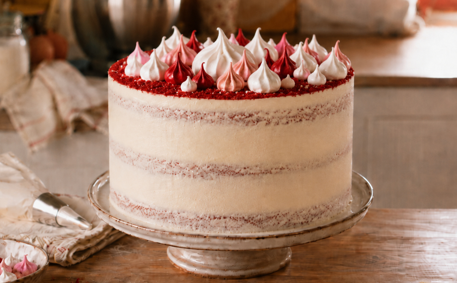 Red velvet dort se sněhovými pusinkami