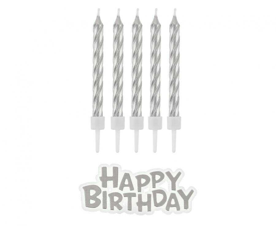 Dortové svíčky Happy Birthday stříbrné
