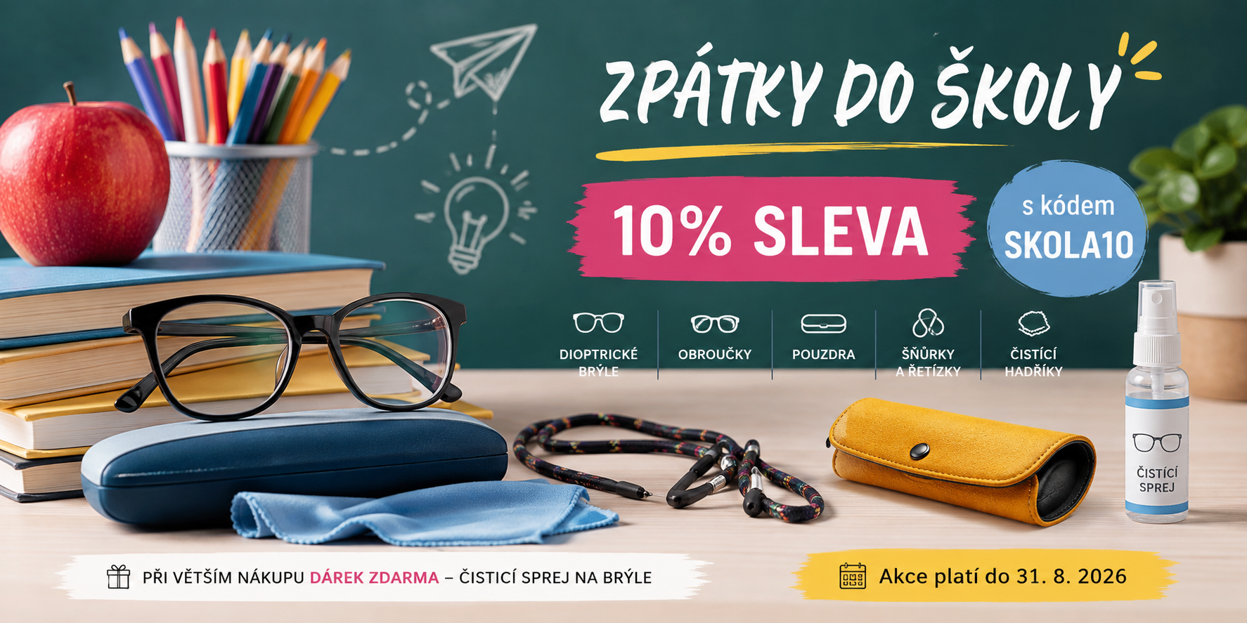Sleva 10% při použití kupónu SKOLA10 na dioptrické brýle na čtení, brýle na dálku, pouzdra na brýle a další doplňky.