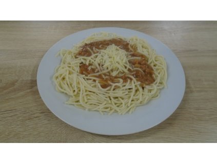 Špagety ala bolognese,sypané sýrem (mleté maso) (1,3,7,12) (2)