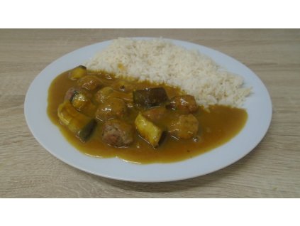 Masové kuličky v kari omáčce s likem, jasmínová rýže (1,3,6,7,12)