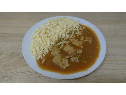 Mexický vepřový guláš,těstoviny (hrášek,sýr,protlak) (1,6,12)