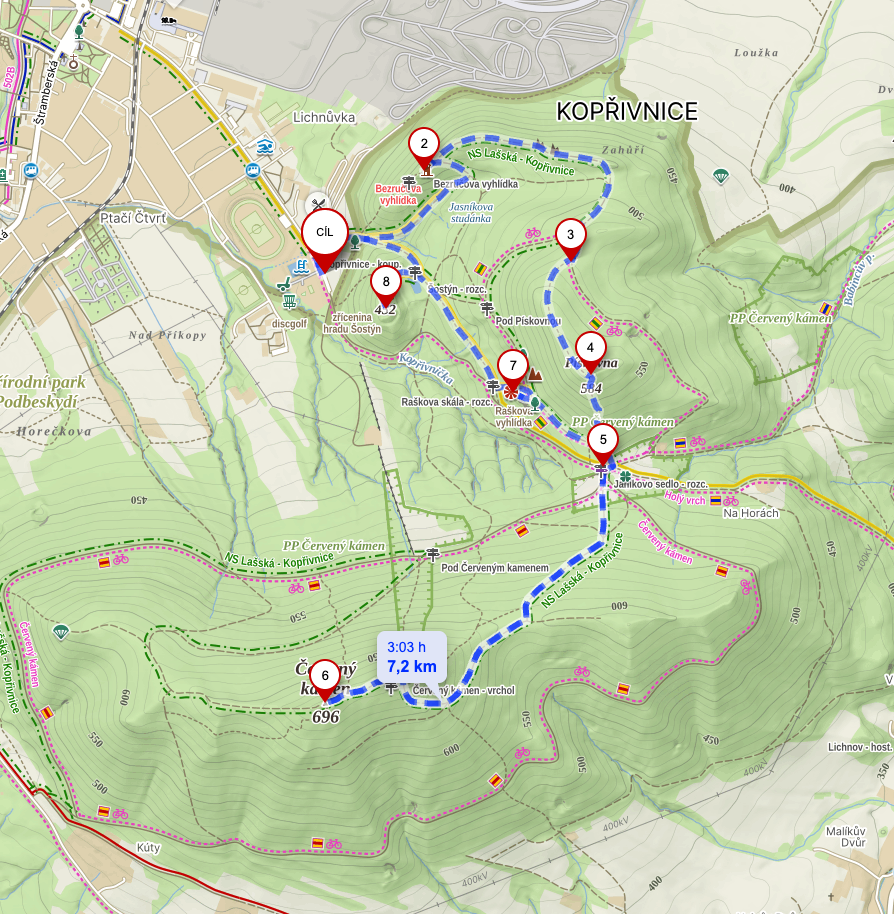 Mapa výletu Šostýn, Červený kámen a Raškova vyhlídka