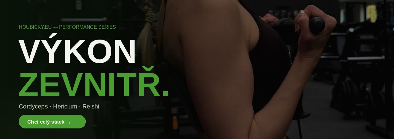 Sportovec v gymu – Mushroom Stack Cordyceps, Hericium, Reishi pro výkon a regeneraci | Houbičky.eu