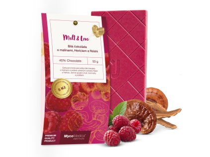 Bílá čokoláda s malinami, Hericiem a Reishi 50g LIMITOVANÁ EDICE