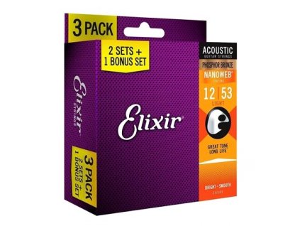 ELIXIR 16545 NANOWEB LIGHT 12-53 Phosphor Bronz 3-Pack