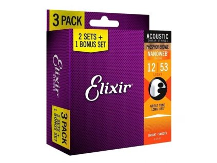 ELIXIR 16545 NANOWEB LIGHT TROJSADA STRUN NA AKUSTICKOU KYTARU 12-53 PHOSPHOR BRONZE