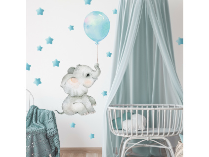 Samolepka na zeď - Slůně s balónkem (modrá)
