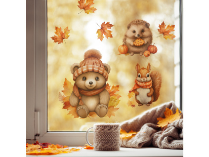 Samolepka na okno - Medvídek, ježek a veverka